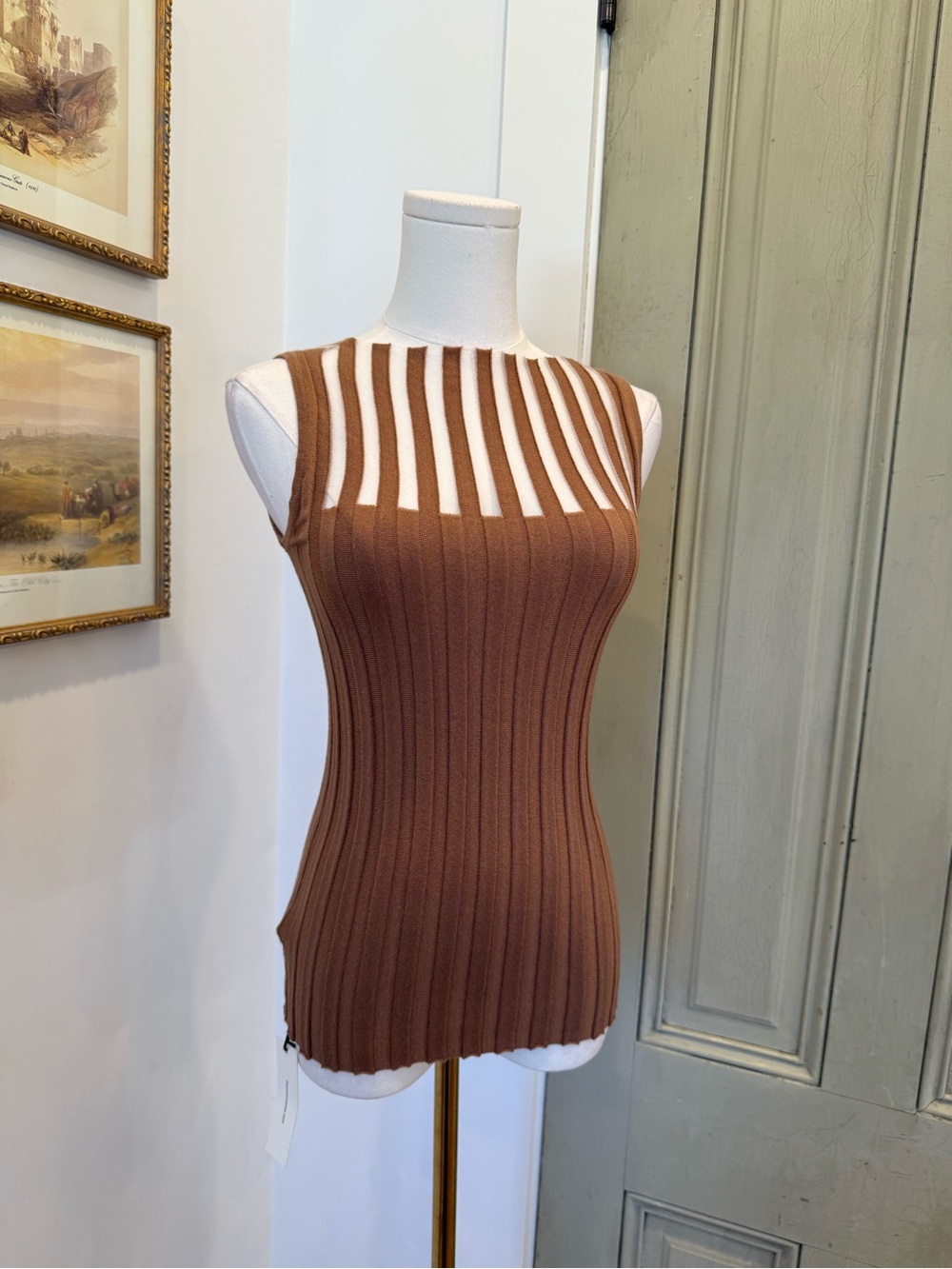 Sleeveless Brown Ribbed Knit Top with Sheer Stripe Mesh Lined Panels - Picture 2 of 5